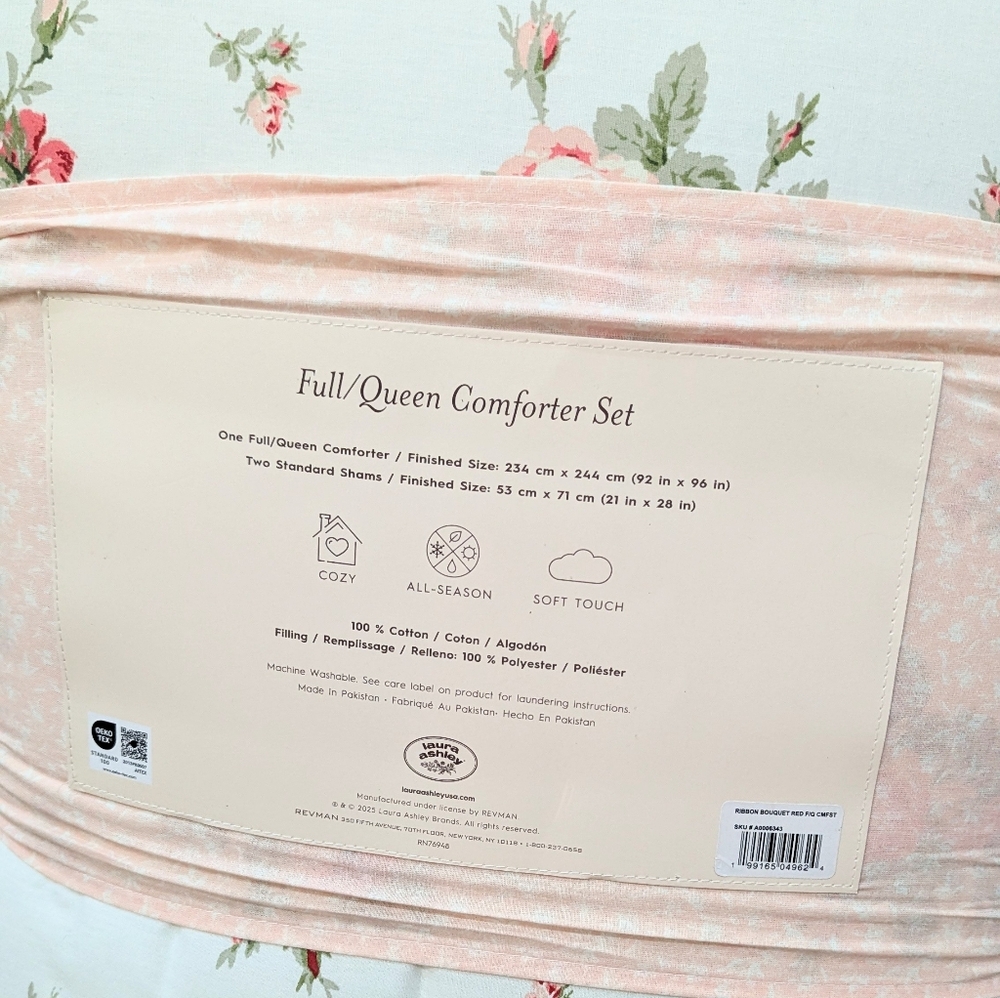 New LAURA ASHLEY Pink Bouquet Ribbon Bows FULL/QUEEN Cotton Comforter Set - Picture 2 of 4